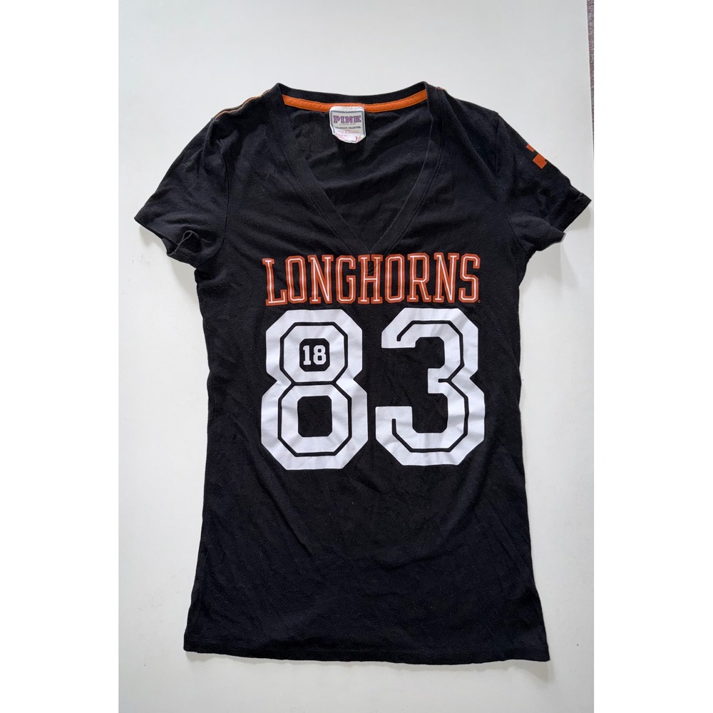 Victoria's Secret PINK Texas Longhorns V-Neck T-Shirt Black Orange Medium